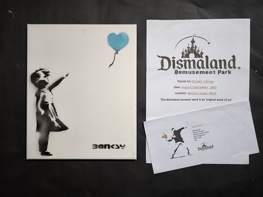 Banksy (born: Bristol, UK 1974), (atrib),Canvas Spray Paint Signed Ticket Dismaland: Banksy (born: Bristol, UK 1974), (atrib),Canvas Spray Signed Ticket DismalandSize:22 cm x 27 cm . We ship with a tracking number, we offer combined shipping. For any questions, please contact us. See 
