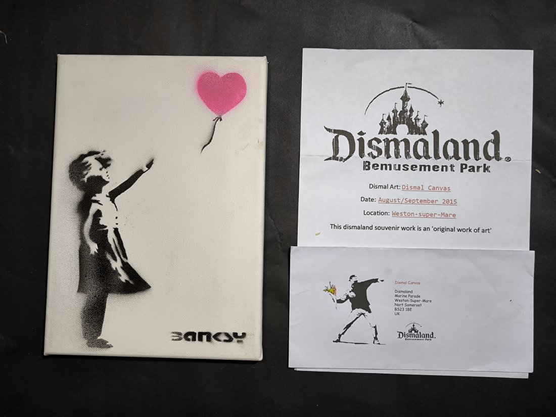 Banksy (born: Bristol, UK 1974), (atrib),Canvas Spray Paint Signed Ticket Dismaland: Banksy (born: Bristol, UK 1974), (atrib),Canvas Spray Signed Ticket DismalandSize:19 cm x 27 cm . We ship with a tracking number, we offer combined shipping. For any questions, please contact us. See 