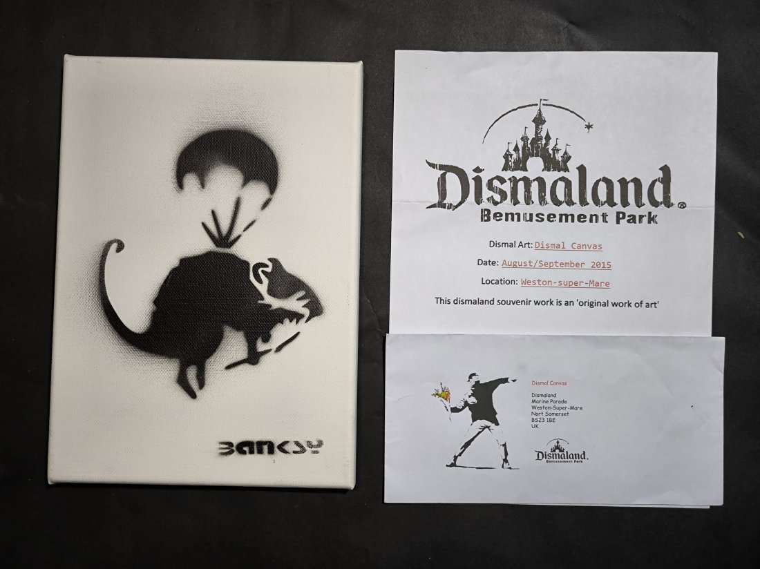 Banksy (born: Bristol, UK 1974), (atrib),Canvas Spray Paint Signed Ticket Dismaland: Banksy (born: Bristol, UK 1974), (atrib),Canvas Spray Signed Ticket DismalandSize:19 cm x 27 cm . We ship with a tracking number, we offer combined shipping. For any questions, please contact us. See 