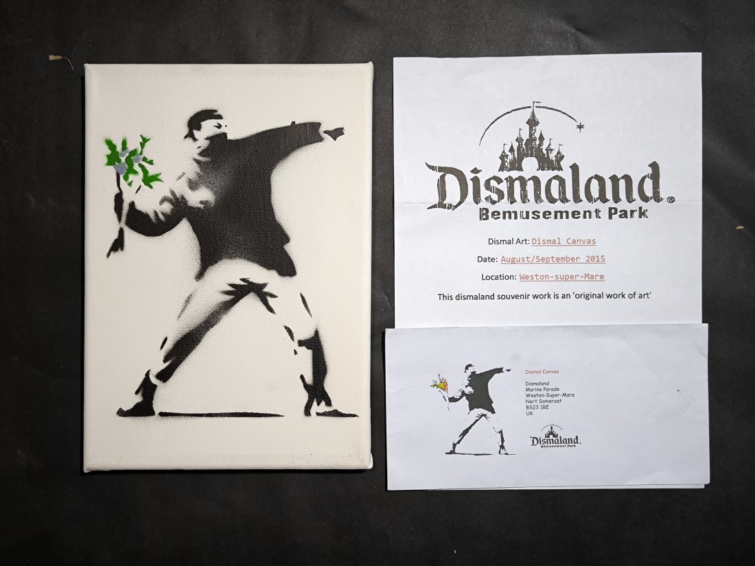Banksy (born: Bristol, UK 1974), (atrib),Canvas Spray Paint Signed Ticket Dismaland: Banksy (born: Bristol, UK 1974), (atrib),Canvas Spray Signed Ticket DismalandSize:19 cm x 27 cm . We ship with a tracking number, we offer combined shipping. For any questions, please contact us. See 