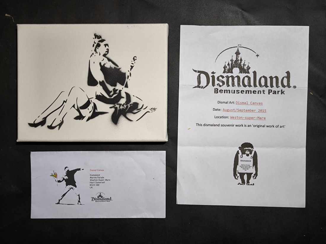 Banksy (born: Bristol, UK 1974), (atrib),Canvas Spray Paint Signed Ticket Dismaland: Banksy (born: Bristol, UK 1974), (atrib),Canvas Spray Signed Ticket DismalandSize:19 cm x 24 cm . We ship with a tracking number, we offer combined shipping. For any questions, please contact us. See 