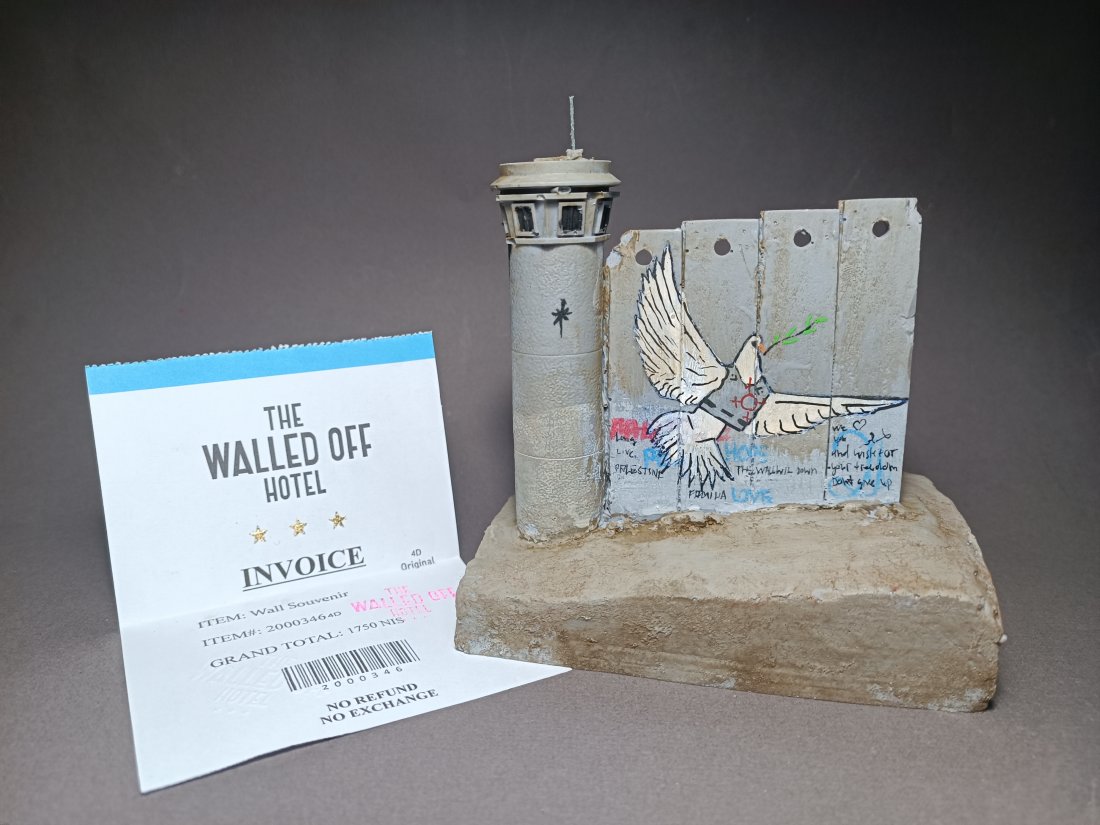 Banksy (born: Bristol, UK 1974) Walled off Hotel Palestine Wall Section with Invoice: Banksy (born: Bristol, UK 1974) Walled off Hotel Palestine Wall Section with Business card and Invoice . We ship with a tracking number, we offer combined shipping. For any questions, please contact u