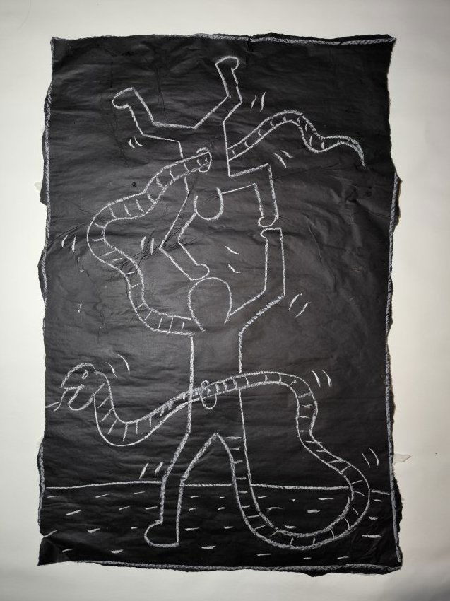 (attributed) Keith Hearing Untitled Subway Poster Black Paper chalk Big Artwork (1 of 2)