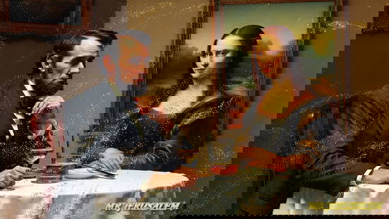Abraham Lincoln- Having Dinner With Mona Lisa- D2, Limited Edition, Signed & Numbered: Please note the images you see here online for the artworks is protected with artist name printed in gold & gold glitter watermark. The original artworks will be unique and one-of-a-kind, hand
