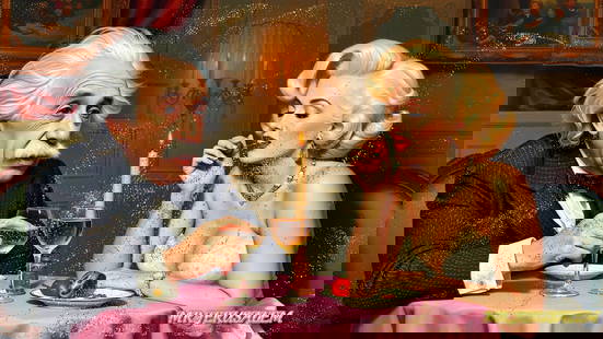 Albert Einstein - Having Dinner With Marilyn Monroe- D2, Limited Edition, Signed & Numbered: Please note the images you see here online for the artworks is protected with artist name printed in gold & gold glitter watermark. The original artworks will be unique and one-of-a-kind, hand