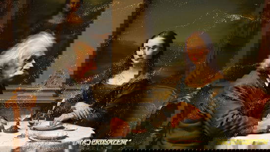 Albert Einstein - Having Dinner With Mona Lisa- D2, Limited Edition, Signed & Numbered: Please note the images you see here online for the artworks is protected with artist name printed in gold & gold glitter watermark. The original artworks will be unique and one-of-a-kind, hand