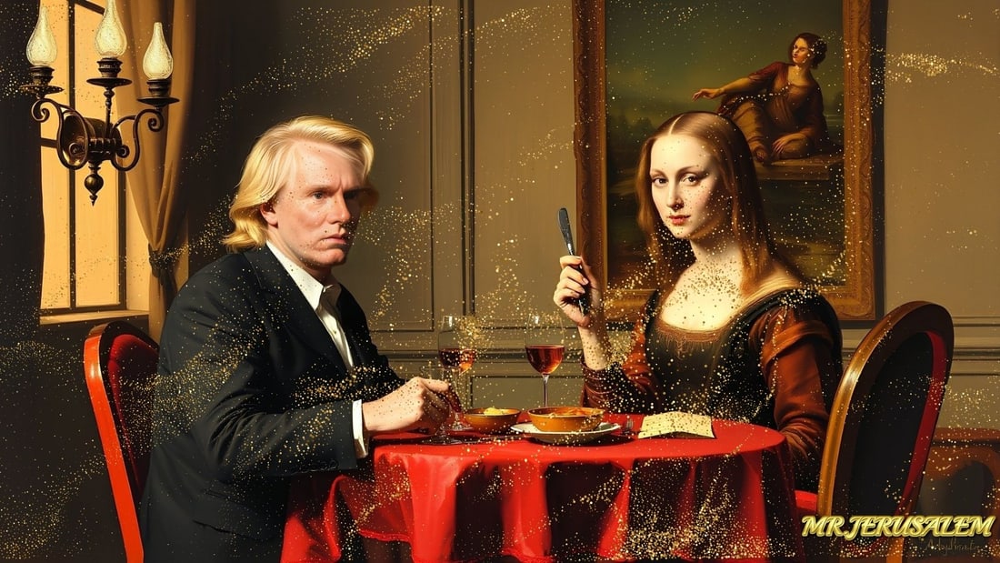Andy Warhol- Having Dinner With Mona Lisa- D2, Limited Edition, Signed & Numbered: Please note the images you see here online for the artworks is protected with artist name printed in gold & gold glitter watermark. The original artworks will be unique and one-of-a-kind, hand painted