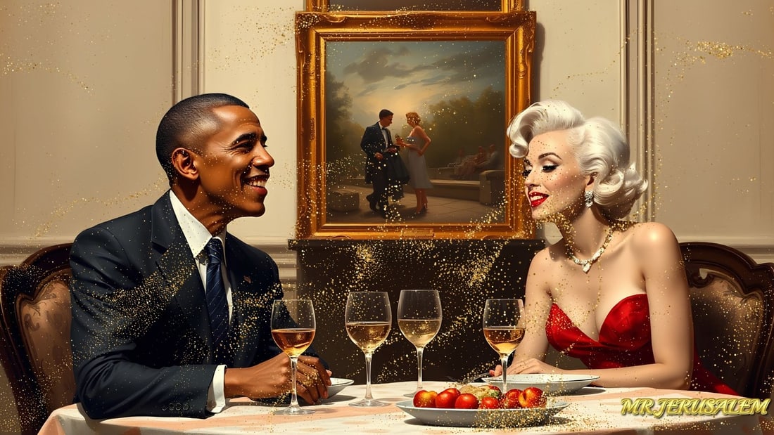 Barack Obama - Having Dinner With Marilyn Monroe- D2, Limited Edition, Signed & Numbered: Please note the images you see here online for the artworks is protected with artist name printed in gold & gold glitter watermark. The original artworks will be unique and one-of-a-kind, hand painted