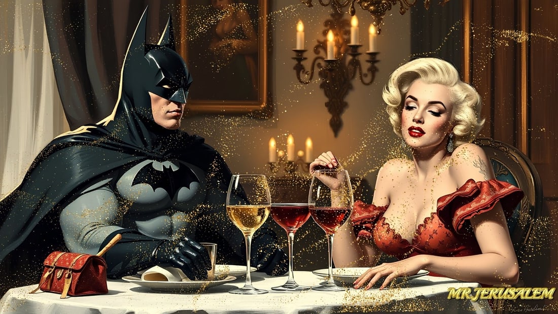 Batman - Having Dinner With Marilyn Monroe- D2, Limited Edition, Signed & Numbered: Please note the images you see here online for the artworks is protected with artist name printed in gold & gold glitter watermark. The original artworks will be unique and one-of-a-kind, hand painted