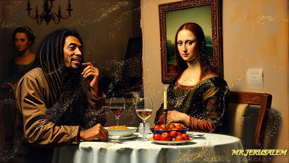Bob Marley - Having Dinner With Mona Lisa-D2, Limited Edition, Signed & Numbered: Please note the images you see here online for the artworks is protected with artist name printed in gold & gold glitter watermark. The original artworks will be unique and one-of-a-kind, hand painted