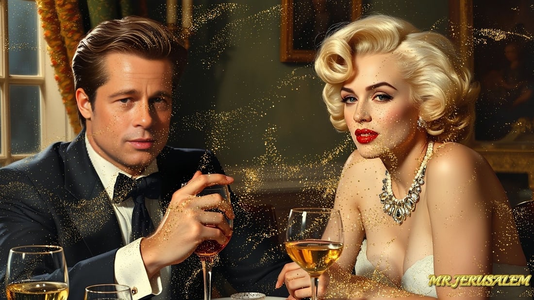 Brad Pitt - Having Dinner With Marilyn Monroe-D1, Limited Edition, Signed & Numbered: Please note the images you see here online for the artworks is protected with artist name printed in gold & gold glitter watermark. The original artworks will be unique and one-of-a-kind, hand painted