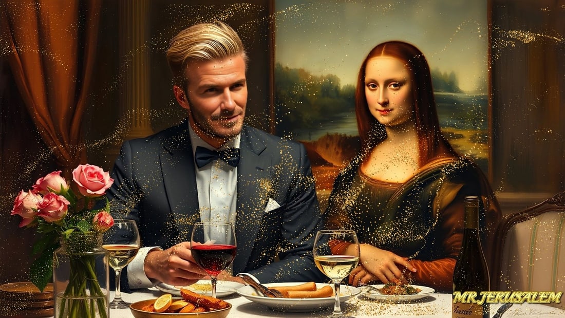 David Beckham - Having Dinner With Mona Lisa-D1, Limited Edition, Signed & Numbered: Please note the images you see here online for the artworks is protected with artist name printed in gold & gold glitter watermark. The original artworks will be unique and one-of-a-kind, hand painted