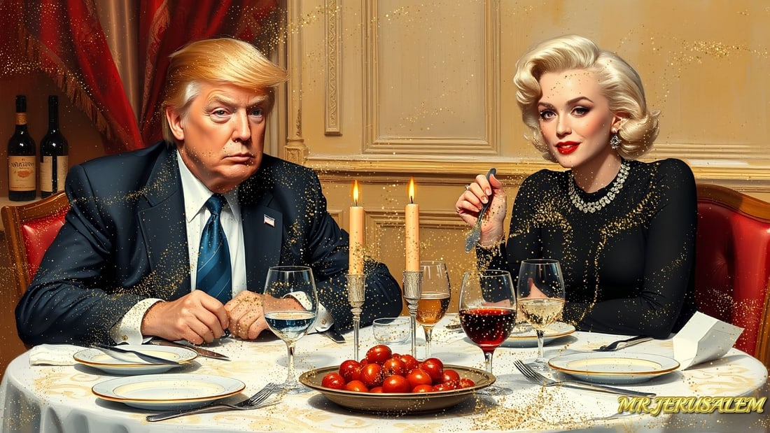 Donald Trump - Having Dinner With Marilyn Monroe-D2, Limited Edition, Signed & Numbered: Please note the images you see here online for the artworks is protected with artist name printed in gold & gold glitter watermark. The original artworks will be unique and one-of-a-kind, hand painted