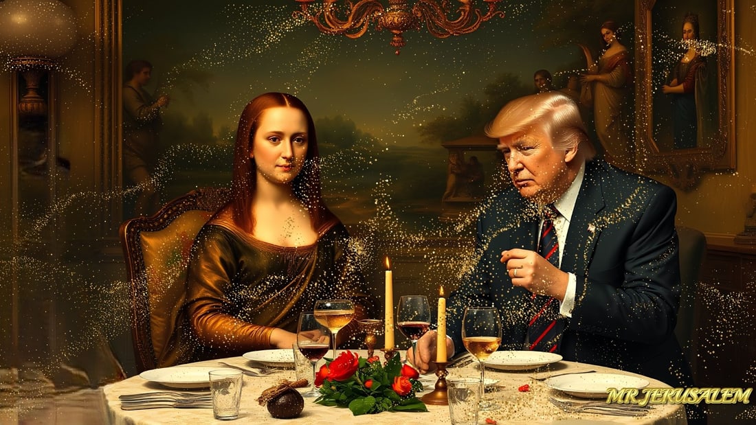 Donald Trump - Having Dinner With Mona Lisa-D1, Limited Edition, Signed & Numbered: Please note the images you see here online for the artworks is protected with artist name printed in gold & gold glitter watermark. The original artworks will be unique and one-of-a-kind, hand painted