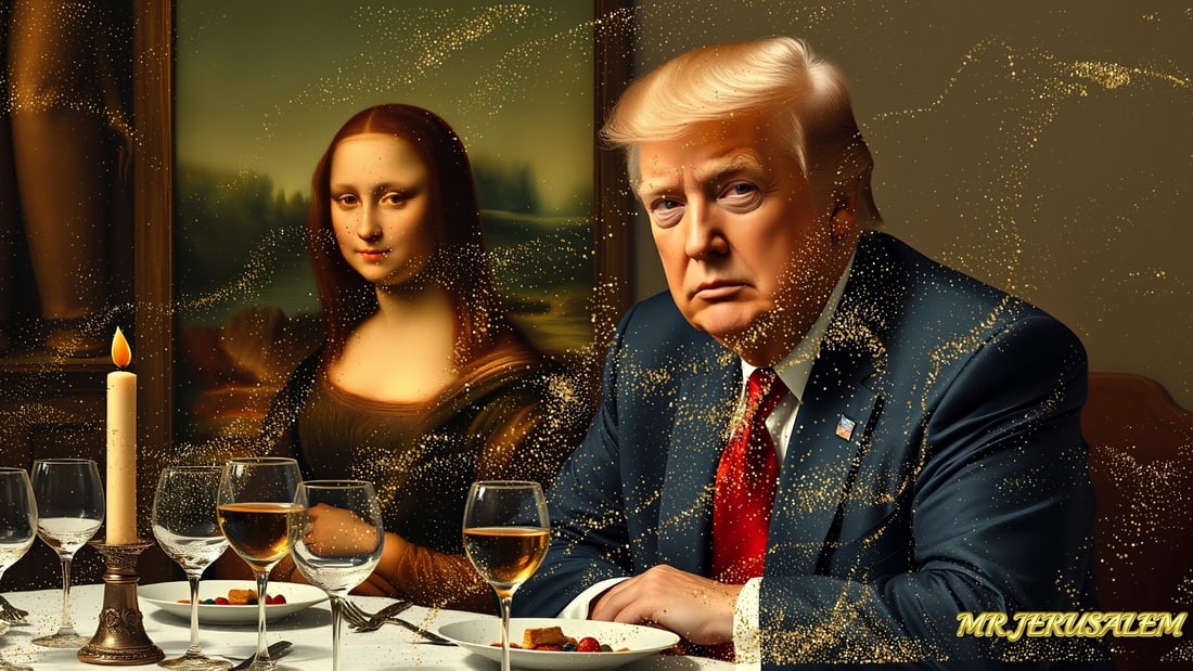 Donald Trump - Having Dinner With Mona Lisa-D2, Limited Edition, Signed & Numbered: Please note the images you see here online for the artworks is protected with artist name printed in gold & gold glitter watermark. The original artworks will be unique and one-of-a-kind, hand painted