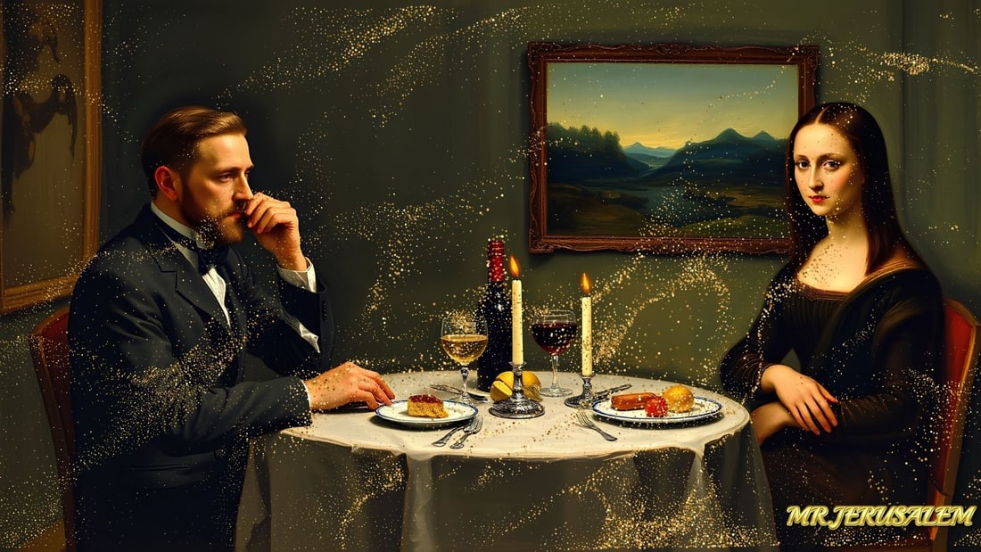 Edvard Munch - Having Dinner With Mona Lisa-D2, Limited Edition, Signed & Numbered: Please note the images you see here online for the artworks is protected with artist name printed in gold & gold glitter watermark. The original artworks will be unique and one-of-a-kind, hand painted