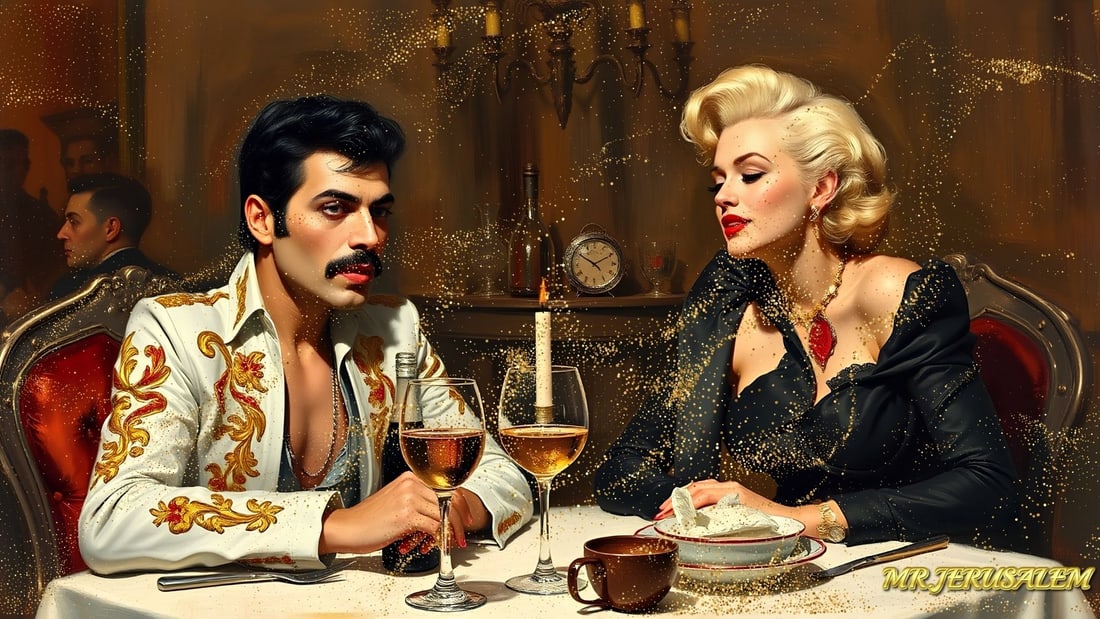 Freddie Mercury - Having Dinner With Marilyn Monroe-D2, Limited Edition, Signed & Numbered: Please note the images you see here online for the artworks is protected with artist name printed in gold & gold glitter watermark. The original artworks will be unique and one-of-a-kind, hand painted