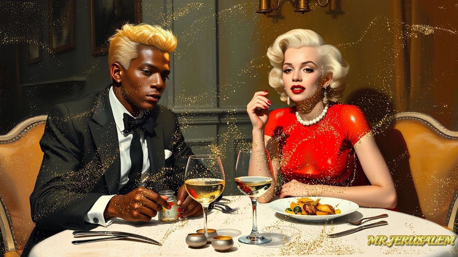 Jean Michel Basquiat - Having Dinner With Marilyn Monroe-D2, Limited Edition, Signed & Numbered: Please note the images you see here online for the artworks is protected with artist name printed in gold & gold glitter watermark. The original artworks will be unique and one-of-a-kind, hand painted