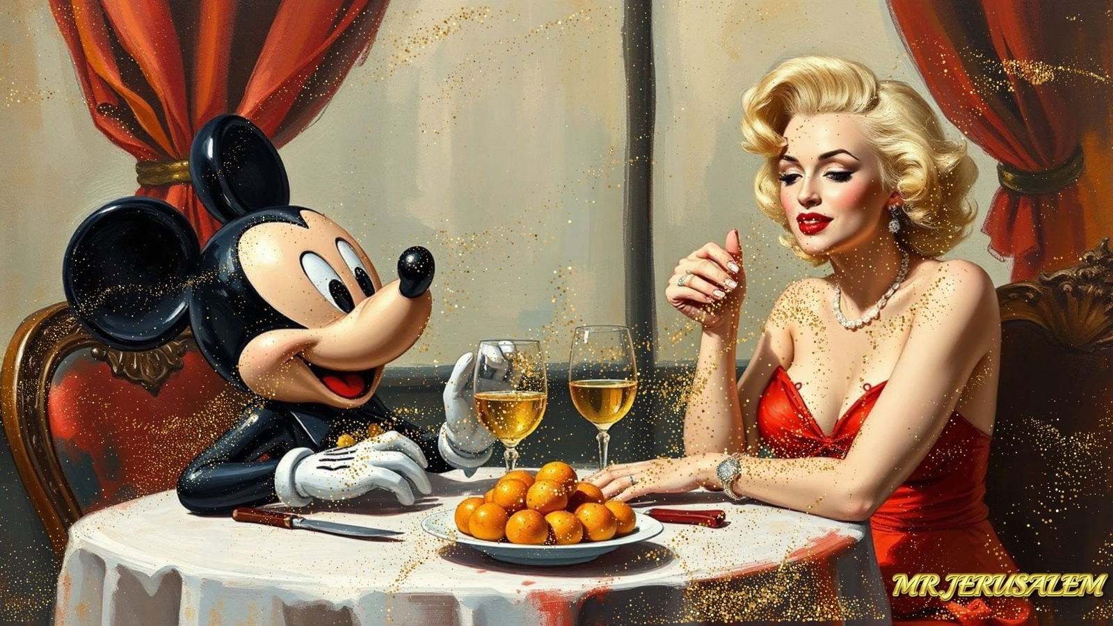 Mickey Mouse - Having Dinner With Marilyn Monroe-D1, Limited Edition, Signed & Numbered: Please note the images you see here online for the artworks is protected with artist name printed in gold & gold glitter watermark. The original artworks will be unique and one-of-a-kind, hand painted