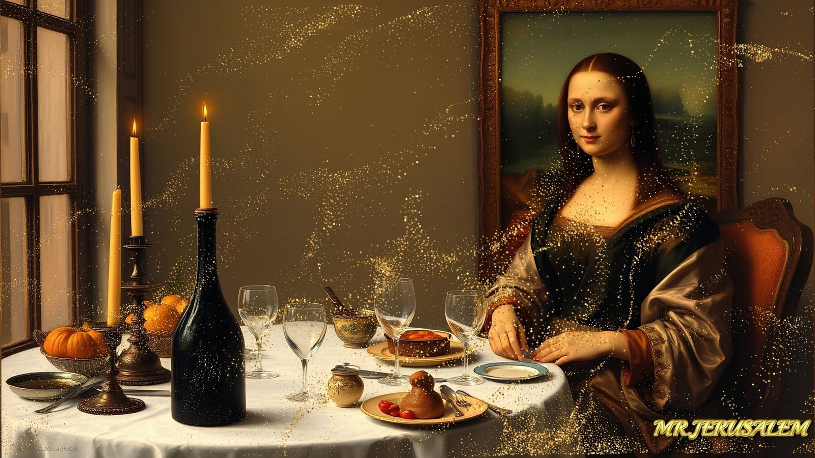 Mona Lisa -Having Dinner Alone-D1, Limited Edition, Signed & Numbered: Please note the images you see here online for the artworks is protected with artist name printed in gold & gold glitter watermark. The original artworks will be unique and one-of-a-kind, hand painted