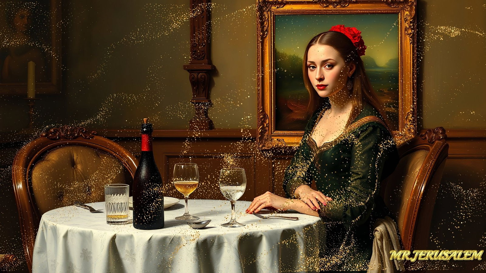 Mona Lisa -Having Dinner Alone-D2, Limited Edition, Signed & Numbered: Please note the images you see here online for the artworks is protected with artist name printed in gold & gold glitter watermark. The original artworks will be unique and one-of-a-kind, hand painted