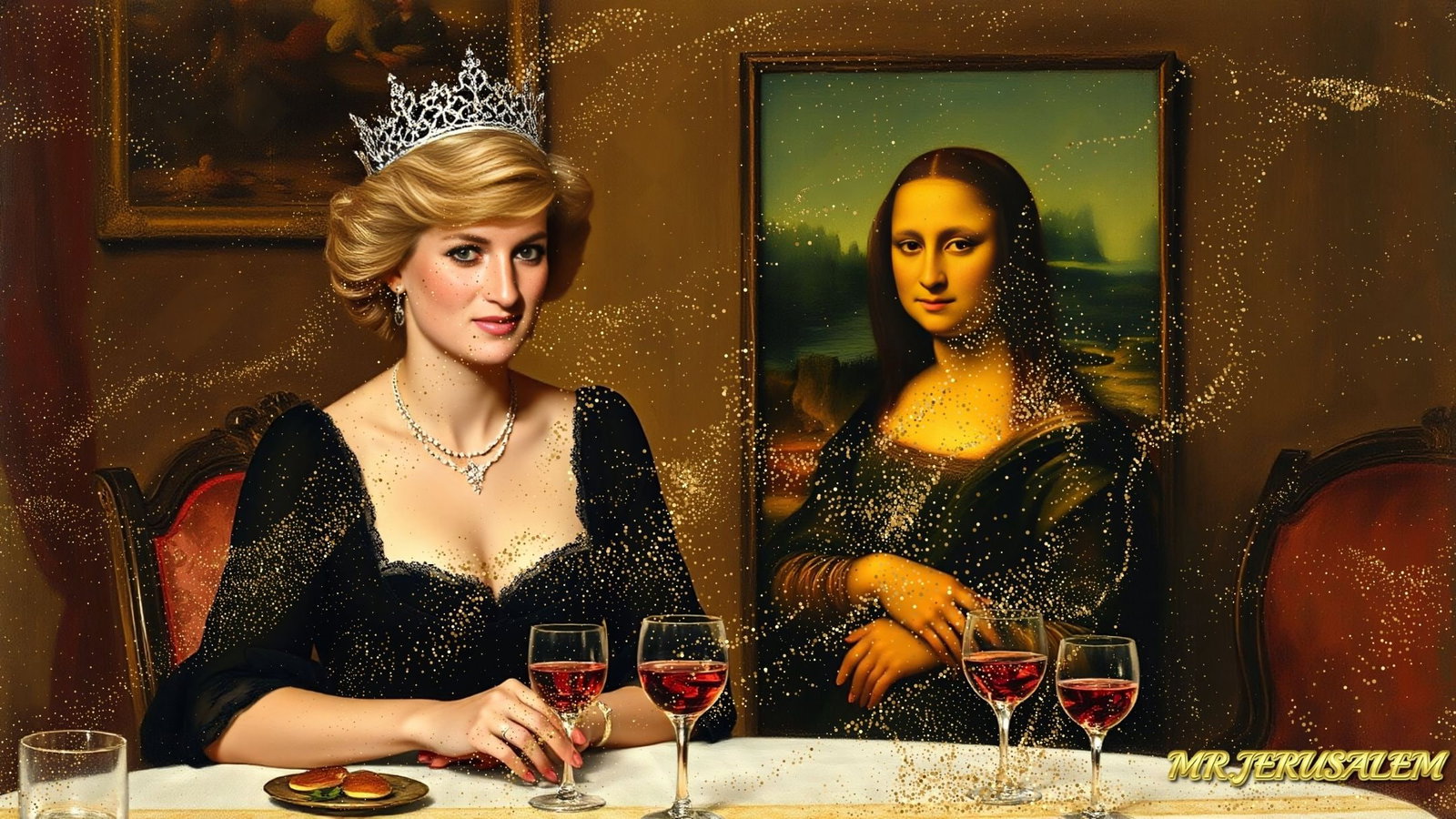 Princess Diana - Having Dinner With Mona Lisa-D1, Limited Edition, Signed & Numbered: Please note the images you see here online for the artworks is protected with artist name printed in gold & gold glitter watermark. The original artworks will be unique and one-of-a-kind, hand painted