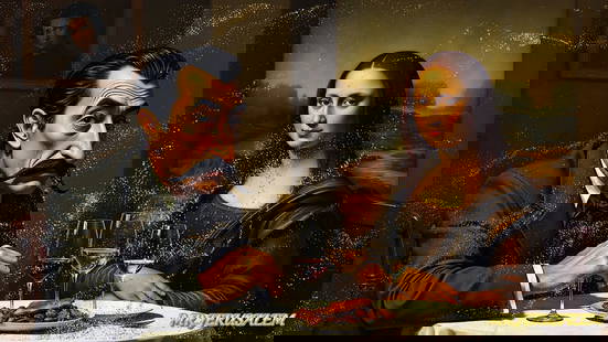 Salvador Dali - Having Dinner With Mona Lisa-D1, Limited Edition, Signed & Numbered: Please note the images you see here online for the artworks is protected with artist name printed in gold & gold glitter watermark. The original artworks will be unique and one-of-a-kind, hand painted