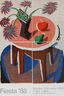 David Hockney, Fiesta '88 (Bradford Festival) exhibition poster, 1988: David Hockney OM, CH, RA (1937-)Fiesta '88 (Bradford Festival) exhibition poster, 1988showing 'Flowers Apple &amp; Pear on a Table, July 1986'offset lithograph, unframed63.5 x 43cm