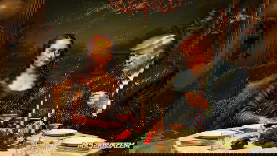 Donald Trump - Having Dinner With Mona Lisa-D1, Limited Edition, Signed & Numbered: Mr. Jerusalem. meticulously craft each artwork, initiating the process with the creation of the original piece, reproduced on high-quality canvas through professional printing I intricately hand-paint