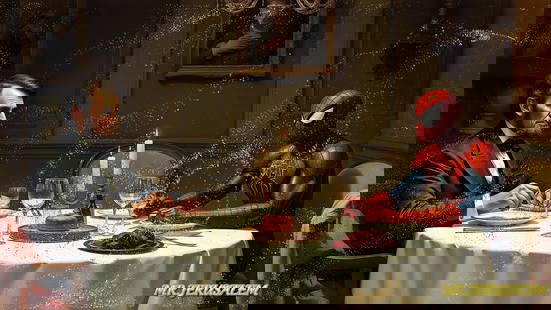 Abraham Lincoln Having Dinner With Spiderman, Print on Canvas Mixed Media, Limited Edition: Mr. Jerusalem. meticulously craft each artwork, initiating the process with the creation of the original piece, reproduced on high-quality canvas through professional printing I intricately hand-paint