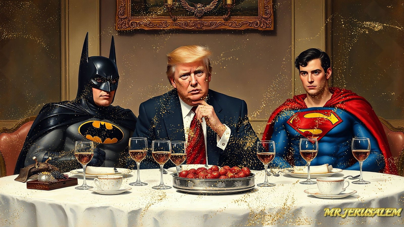 Donald Trump Dinner With Batman & Superman-D1, Limited Edition of 50 Pieces: Please note the images you see here for the artworks is protected with artist name in gold & gold glitter watermark. The original artworks will be unique and one-of-a-kind, hand painted with glue
