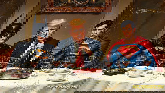 Donald Trump Having Dinner With Batman & Superman-D1, Limited Edition of 500: Mr. Jerusalem. meticulously craft each artwork, initiating the process with the creation of the original piece, reproduced on high-quality canvas through professional printing I intricately hand-paint