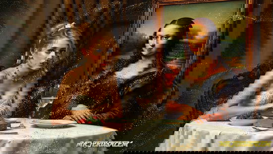Miley Cyrus - Having Dinner With Mona Lisa-D2, Limited Edition, Signed & Numbered: Mr. Jerusalem. meticulously craft each artwork, initiating the process with the creation of the original piece, reproduced on high-quality canvas through professional printing I intricately hand-paint