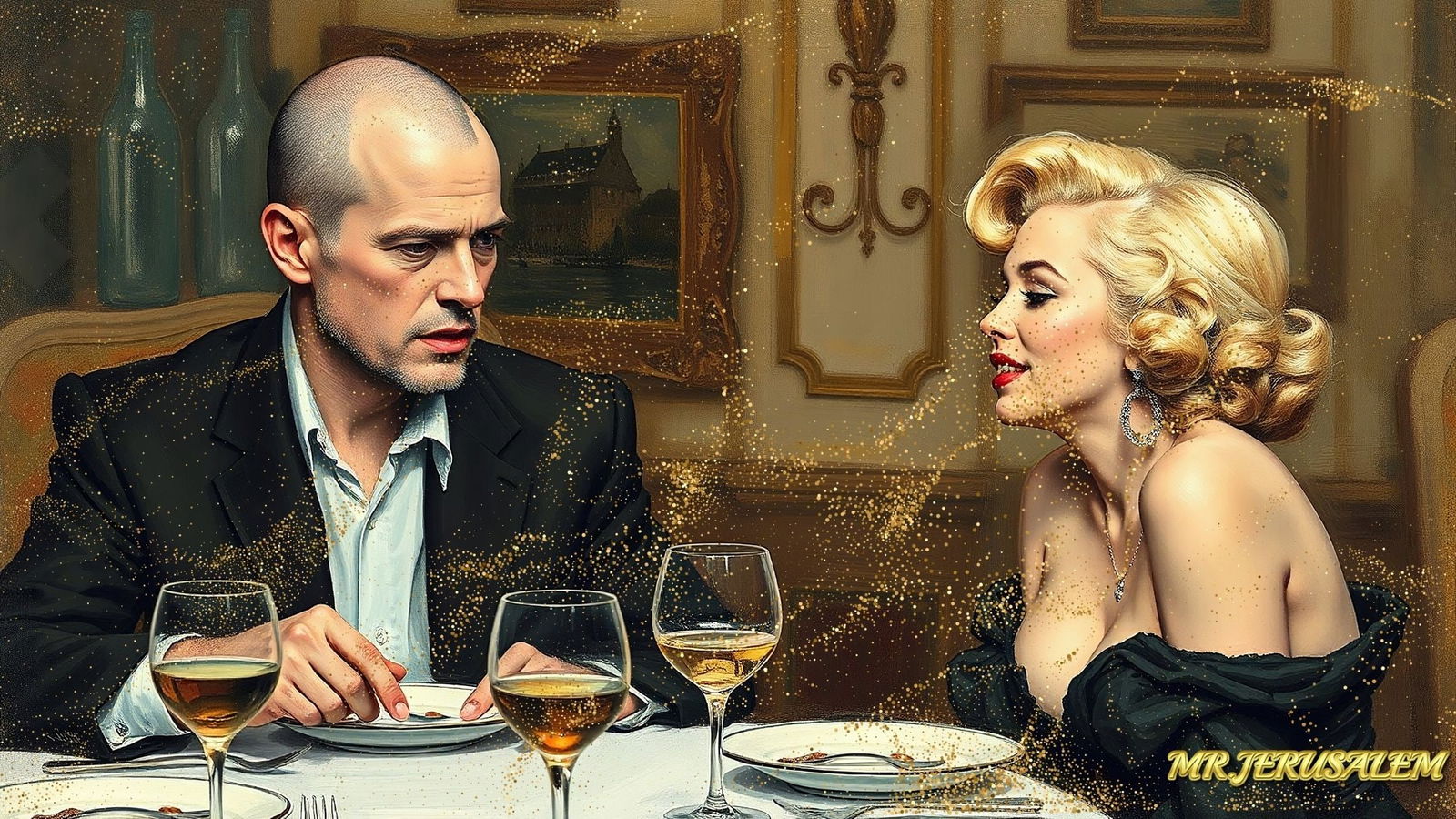 Jackson Pollock - Dinner With Marilyn Monroe-D1, Limited Edition of 50 Pieces, Signed & Numbered: Please note the images you see here for the artworks is protected with artist name in gold & gold glitter watermark. The original artworks will be unique and one-of-a-kind, hand painted with glue
