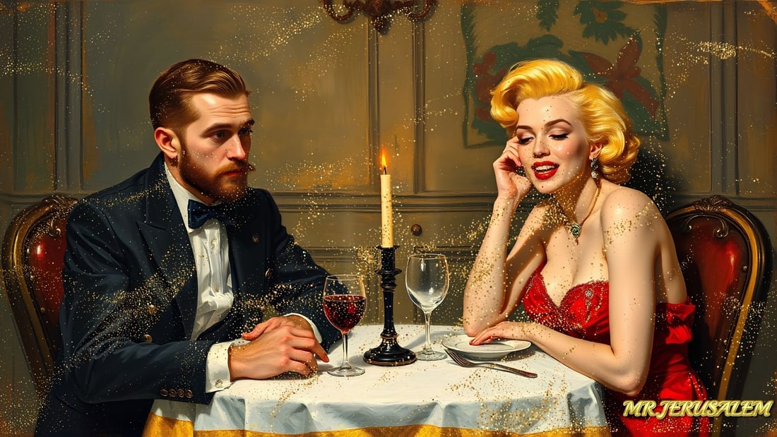 Edvard Munch - Dinner With Marilyn Monroe-D1, Limited Edition of 50 Pieces, Signed & Numbered: Please note the images you see here for the artworks is protected with artist name in gold & gold glitter watermark. The original artworks will be unique and one-of-a-kind, hand painted with glue