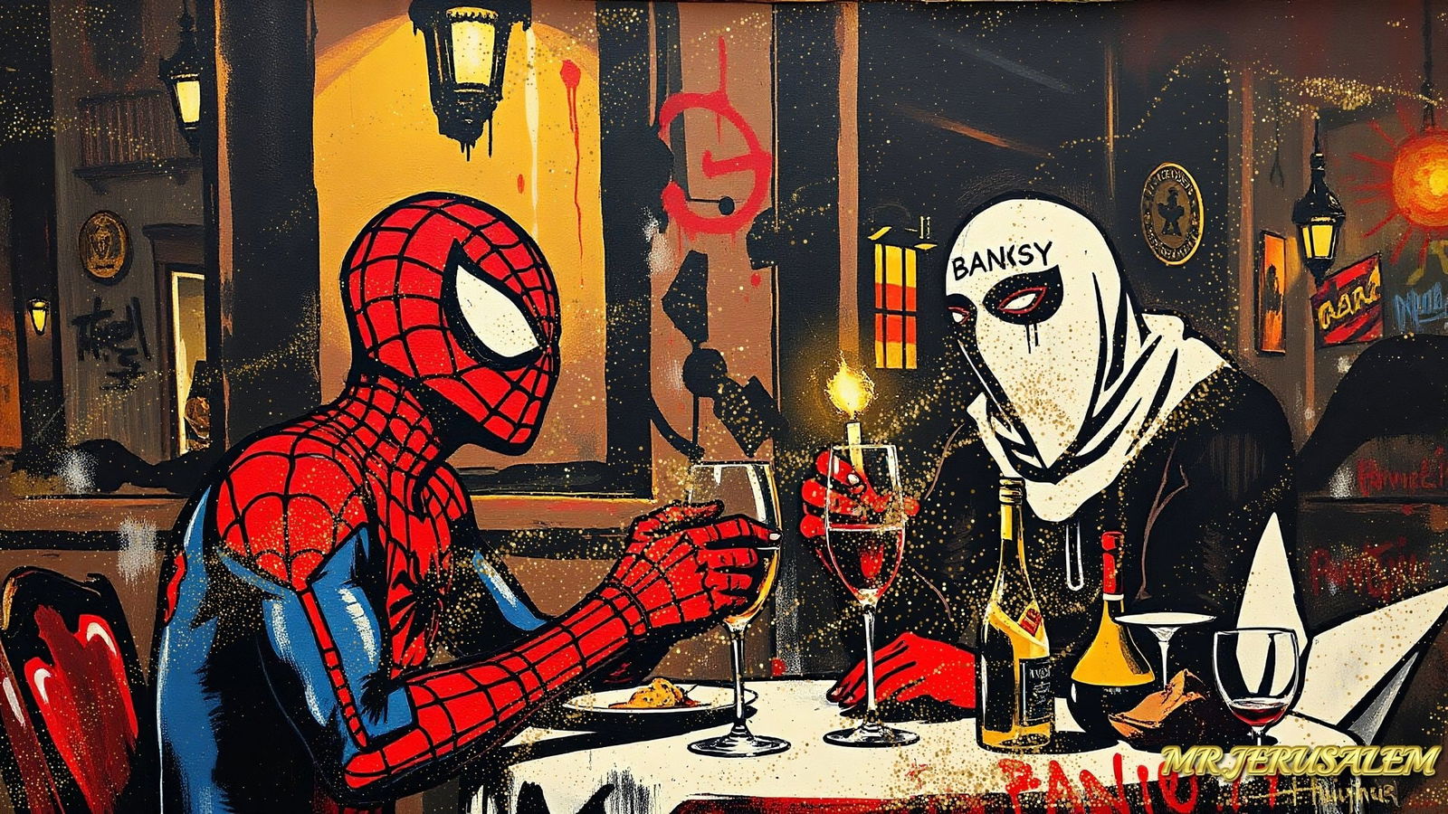 Banksy Dinner With Spiderman-D1, Canvas Mixed Media, Limited Edition of 50 Pieces (1 of 5)