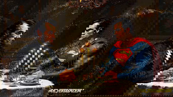 Abraham Lincoln Having Dinner With Superman, Print on Canvas Mixed Media, Limited Edition: Mr. Jerusalem. meticulously craft each artwork, initiating the process with the creation of the original piece, reproduced on high-quality canvas through professional printing I intricately hand-paint