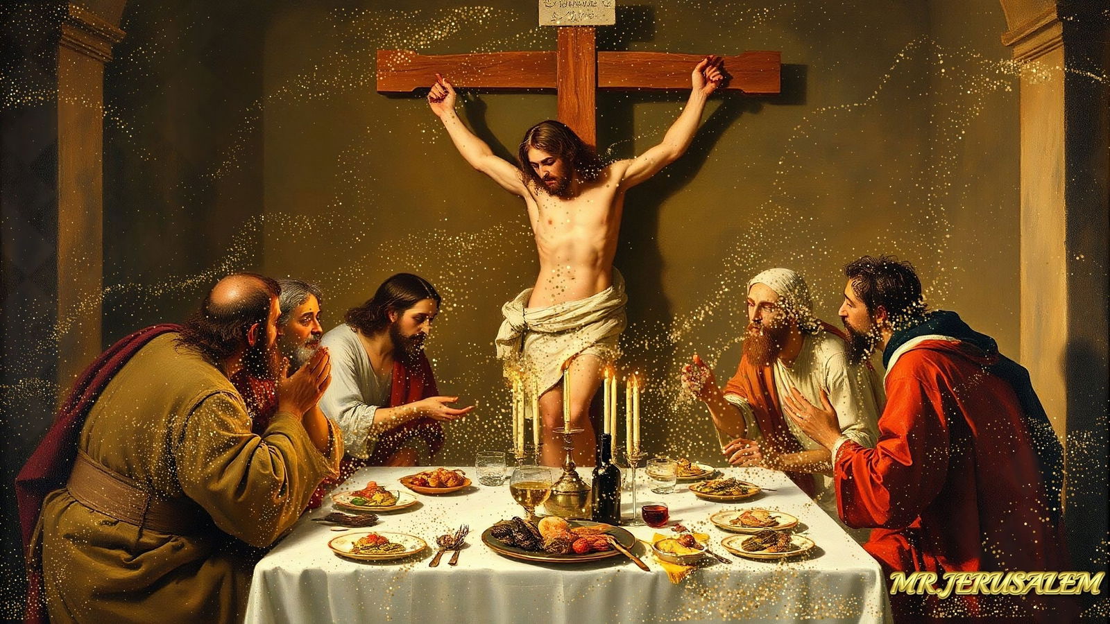 Jesus Christ Crucifixion Dinner-D2, Canvas Mixed Media, Limited Edition of 50 Pieces: Please note the images you see here for the artworks is protected with artist name in gold & gold glitter watermark. The original artworks will be unique and one-of-a-kind, hand painted with glue