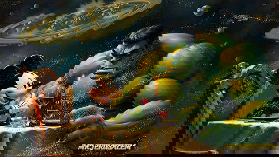 Mickey Mouse Having Dinner With Hulk, Print on Canvas Mixed Media, Limited Edition of 500: Mr. Jerusalem. meticulously craft each artwork, initiating the process with the creation of the original piece, reproduced on high-quality canvas through professional printing I intricately hand-paint