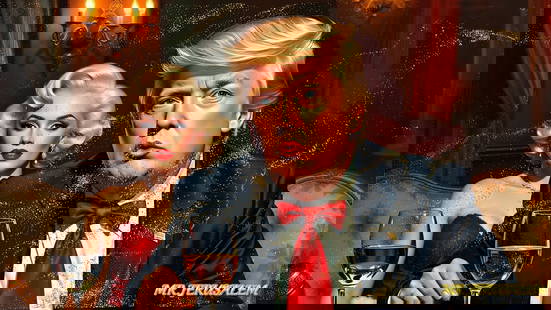 Donald Trump - Having Dinner With Marilyn Monroe-D1, Limited Edition, Signed & Numbered: Mr. Jerusalem. meticulously craft each artwork, initiating the process with the creation of the original piece, reproduced on high-quality canvas through professional printing I intricately hand-paint