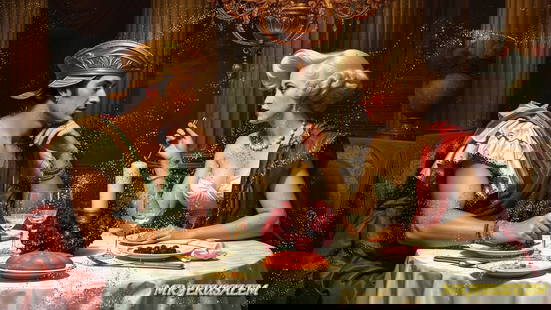 Alexander the Great - Having Dinner With Marilyn Monroe- D1, Limited Edition, Signed & Numbered: Mr. Jerusalem. meticulously craft each artwork, initiating the process with the creation of the original piece, reproduced on high-quality canvas through professional printing I intricately hand-paint