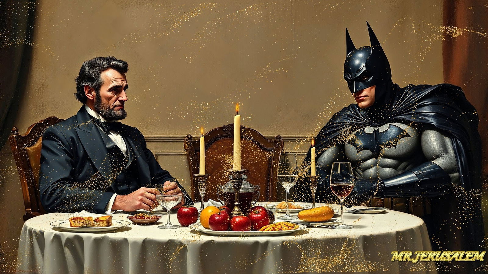 Abraham Lincoln Dinner With Batman, Canvas Mixed Media: Please note the images you see here for the artworks is protected with artist name in gold & gold glitter watermark. The original artworks will be unique and one-of-a-kind, hand painted with glue