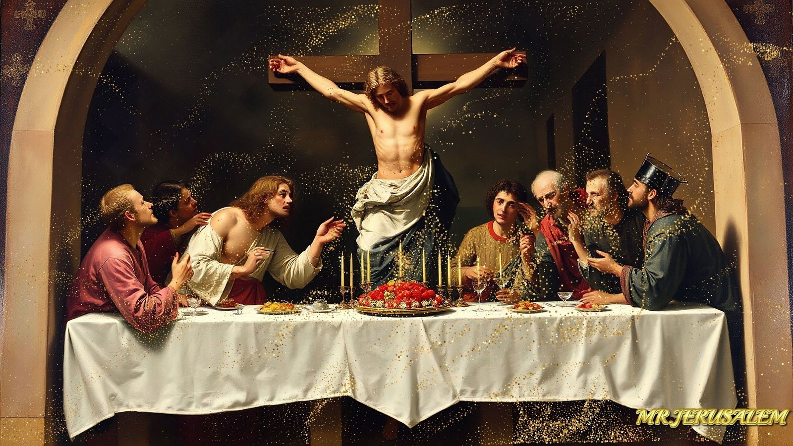 Jesus Christ Crucifixion Dinner-D1 , Canvas Mixed Media, Limited Edition of 50 Pieces: Please note the images you see here for the artworks is protected with artist name in gold & gold glitter watermark. The original artworks will be unique and one-of-a-kind, hand painted with glue