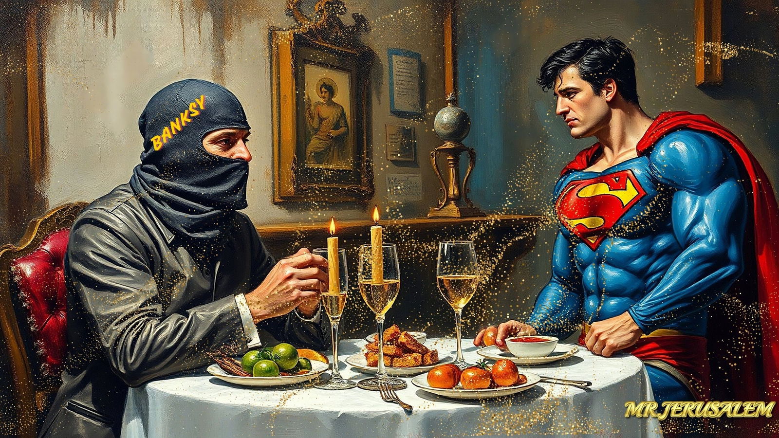 Banksy Dinner With Superman-D2, Canvas Mixed Media, Limited Edition of 50 Pieces (1 of 5)