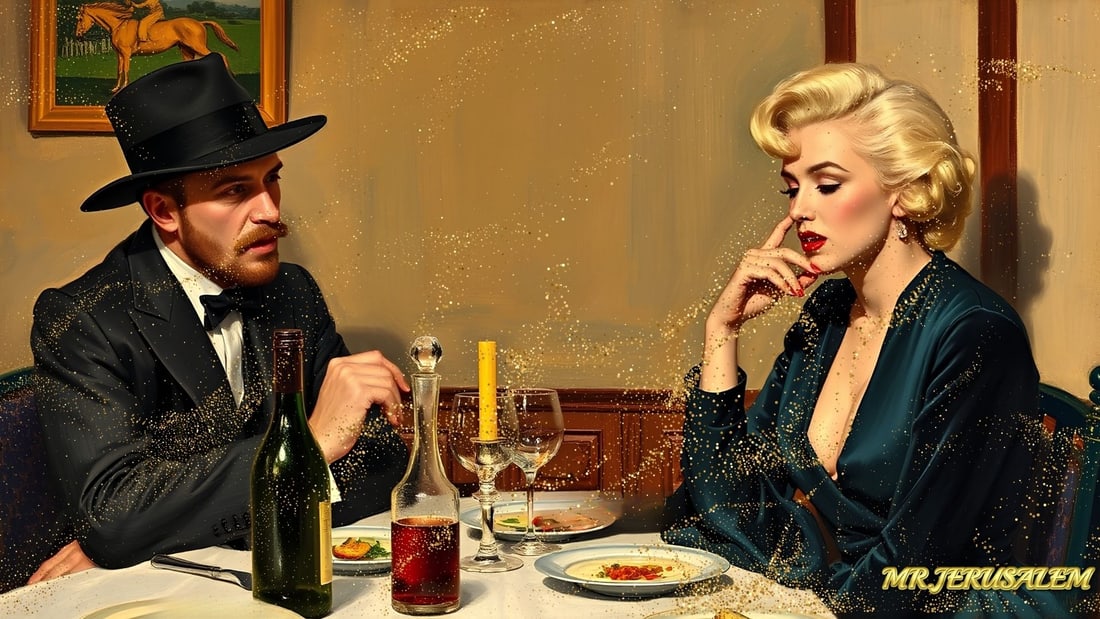 Edvard Munch - Dinner With Marilyn Monroe-D2, Limited Edition of 50 Pieces, Signed & Numbered: Please note the images you see here for the artworks is protected with artist name in gold & gold glitter watermark. The original artworks will be unique and one-of-a-kind, hand painted with glue