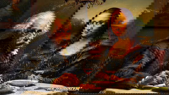 Albert Einstein - Having Dinner With Mona Lisa- D1, Limited Edition, Signed & Numbered: Mr. Jerusalem. meticulously craft each artwork, initiating the process with the creation of the original piece, reproduced on high-quality canvas through professional printing I intricately hand-paint