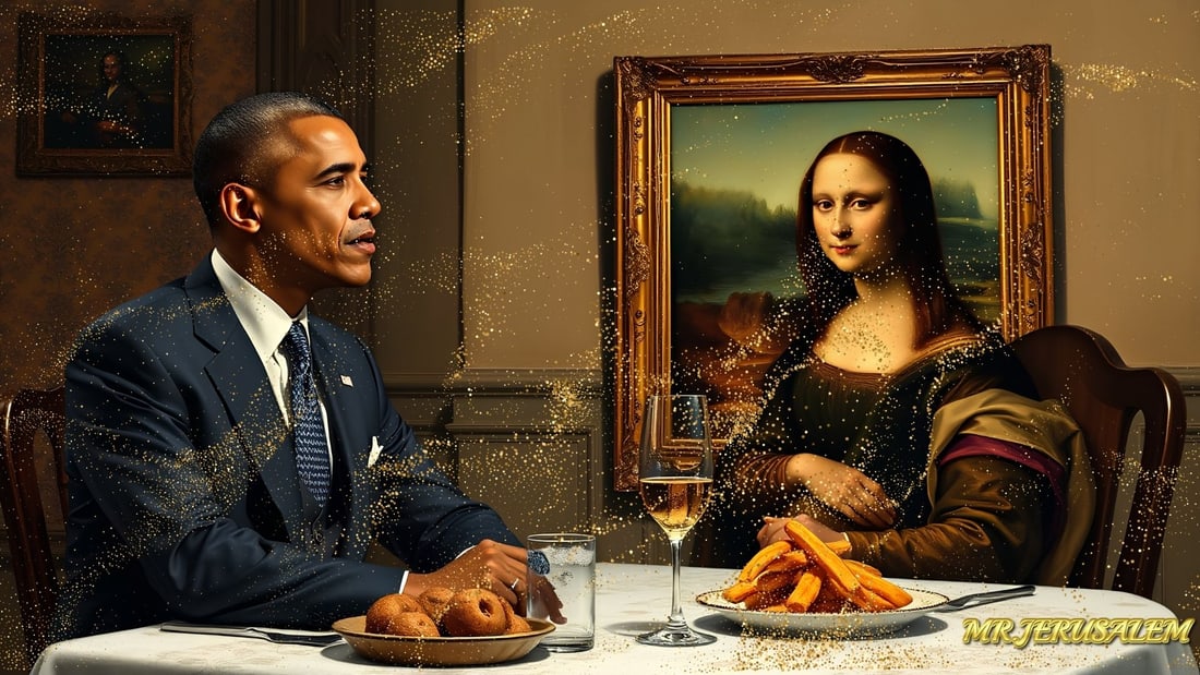 Barack Obama - Dinner With Mona Lisa- D2, Limited Edition of 50 Pieces, Signed & Numbered: Please note the images you see here for the artworks is protected with artist name in gold & gold glitter watermark. The original artworks will be unique and one-of-a-kind, hand painted with glue