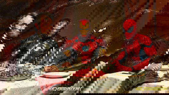 Abraham Lincoln Having Dinner With Ironman & Spiderman-D1,Limited Edition: Mr. Jerusalem. meticulously craft each artwork, initiating the process with the creation of the original piece, reproduced on high-quality canvas through professional printing I intricately hand-paint