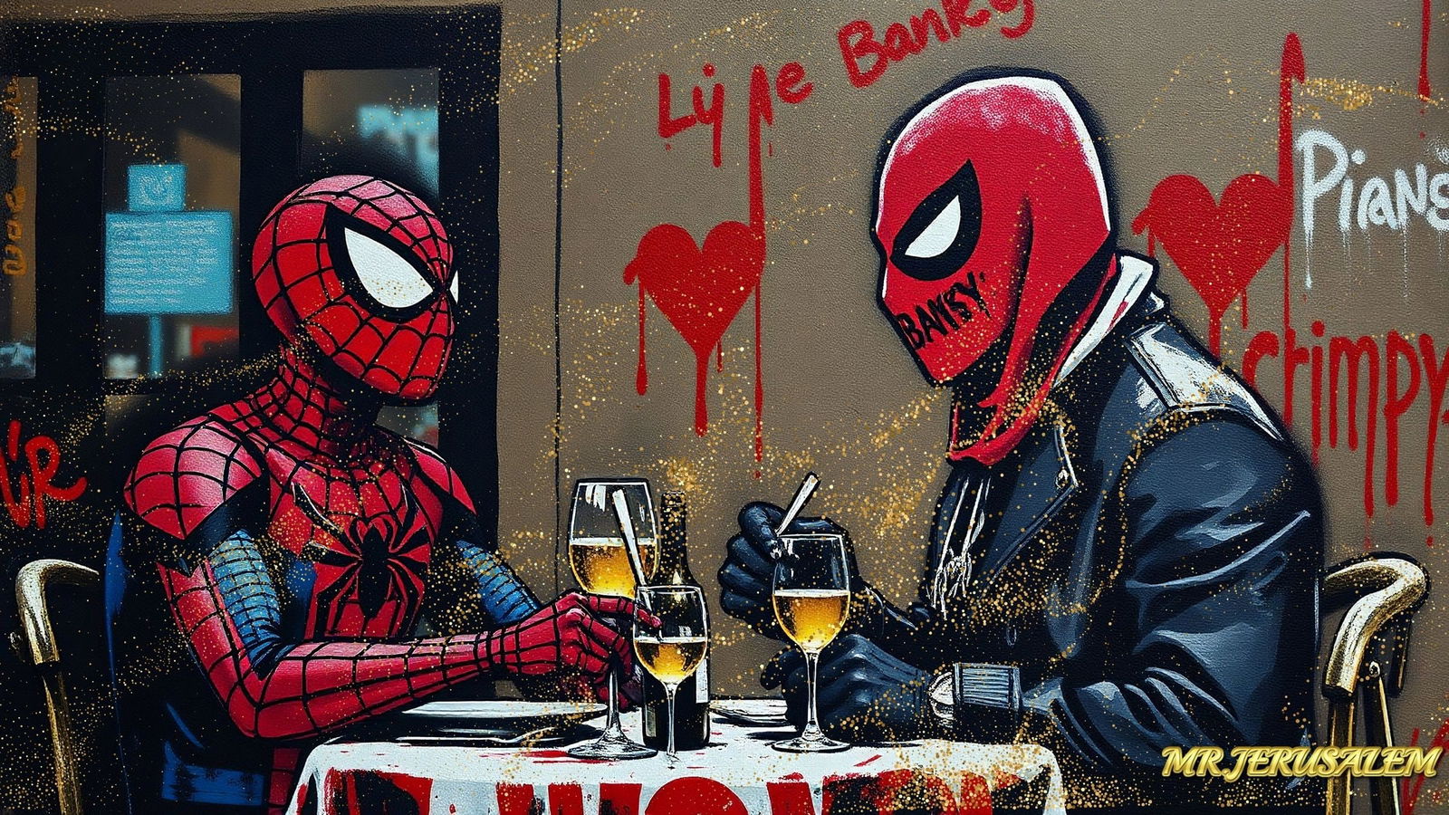 Banksy Dinner With Spiderman-D2, Canvas Mixed Media, Limited Edition of 50 Pieces (1 of 5)