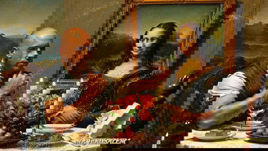 Vin Diesel - Having Dinner With Mona Lisa-D1, Limited Edition, Signed & Numbered: Mr. Jerusalem. meticulously craft each artwork, initiating the process with the creation of the original piece, reproduced on high-quality canvas through professional printing I intricately hand-paint